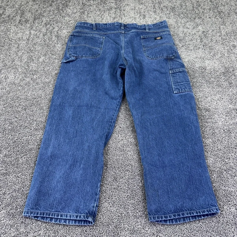 Dickies Jeans Mens 42x30 Blue Relaxed Straight Denim Carpenter Workwear Logo